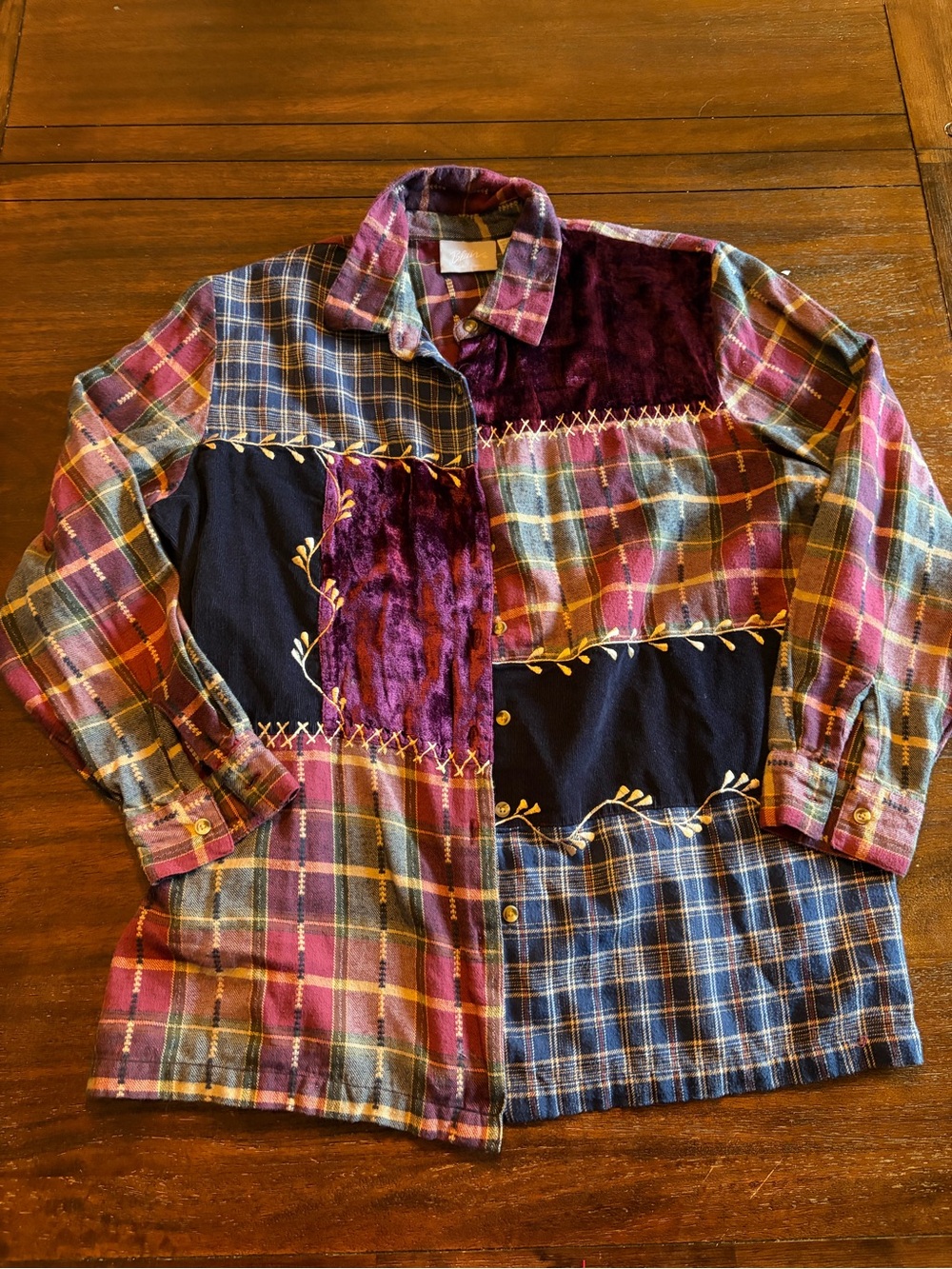 Blair Vintage Patchwork Plaid Corduroy Velvet Embroidered Button Up Shirt Large